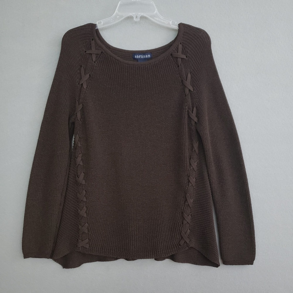 By Artisan Womens XL Sweater Brown Lace Up Side Pullover Long Sleeve Knit